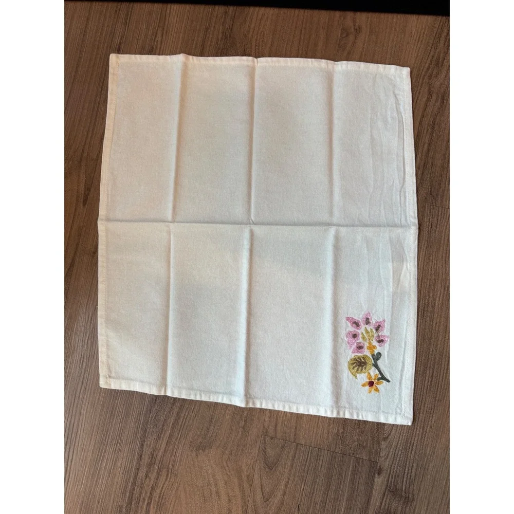 Set of 3 Floral Embroidered Cotton Napkins Cream Pink Gold 17x19 Made in India